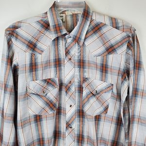 VTG 80s Champion Westerns Brown Plaid Western Pearl Snap Front Shirt Cowboy 16.5